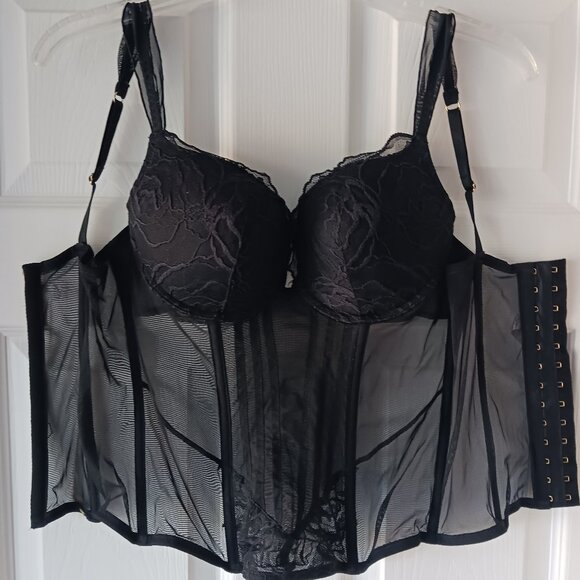 La Senza Bustier Corset Top Padded Push-Up Black Lace Padded Cup Size Medium - Picture 7 of 11